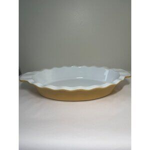 Emile Henry Baking Dish Ruffled Fluted Mustard Yellow White‎ France 10.5 x 7"